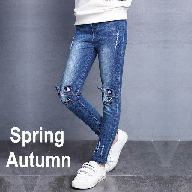 Girls Jeans Hole Lovely Cat Kids Pants Casual Slim Thick Velvet Trousers Children Clothes Brand 2-15 Year Plus Size Denim Pants