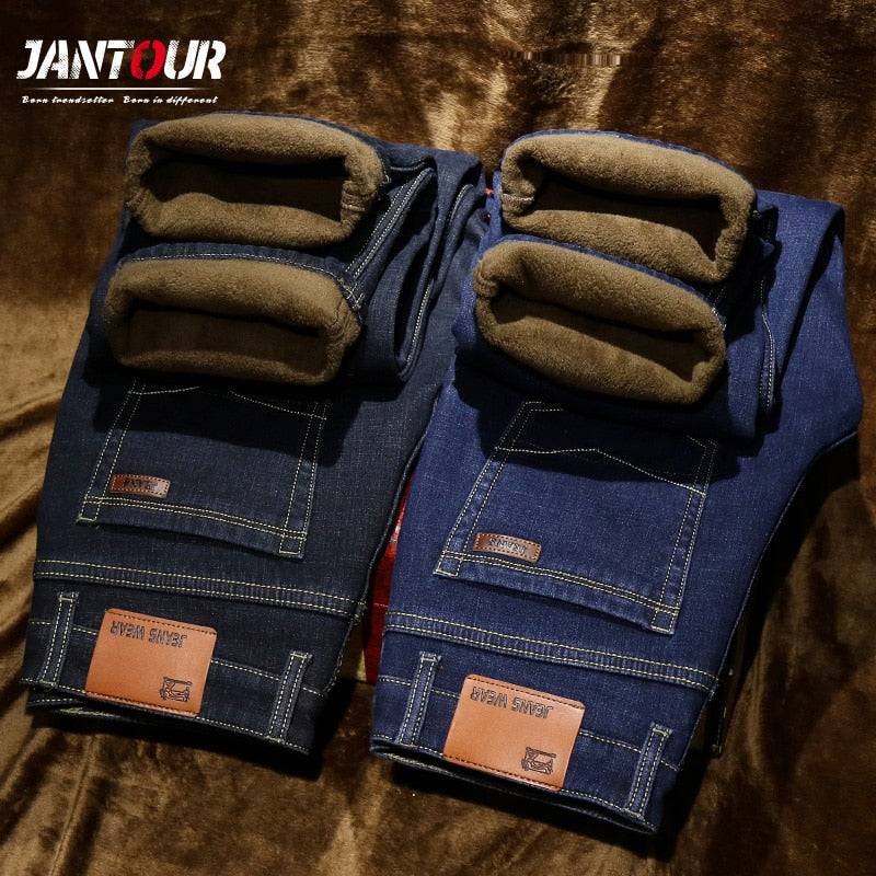 Winter Thermal Warm Flannel Stretch Jeans Mens winter Quality Famous Brand Fleece Pants men Straight flocking Trousers jean male