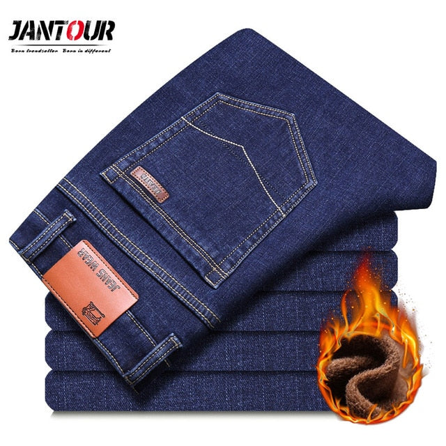 Winter Thermal Warm Flannel Stretch Jeans Mens winter Quality Famous Brand Fleece Pants men Straight flocking Trousers jean male