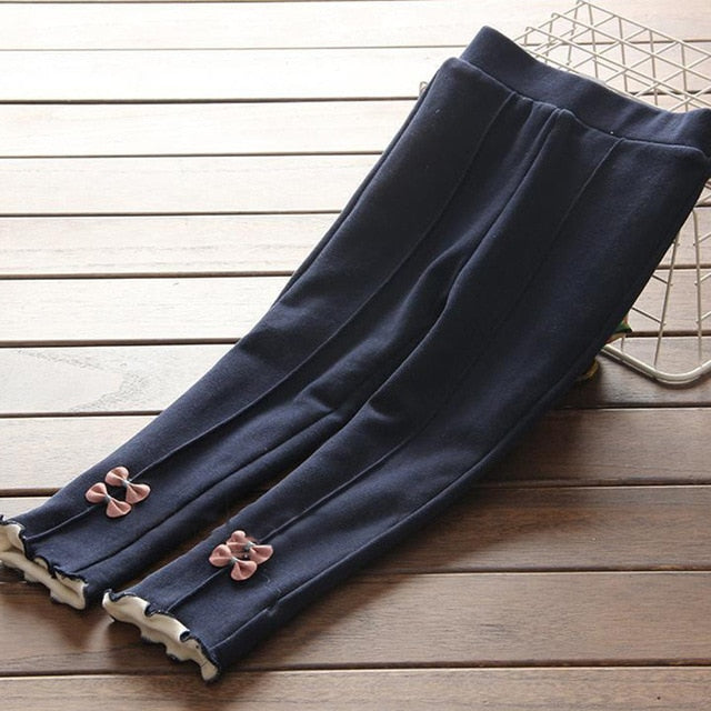 1-8Y New Girls Warm Pants Winter Children Thicken Outwear Pants Cotton Bow Kids Fleece Trousers Baby Casual Trousers