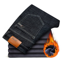 2018 Winter New Men's Warm Black Jeans Elasticity Slim Fit Thicken Denim Pants Brand Trousers Male Bule Big Size 38 40 42 44 46