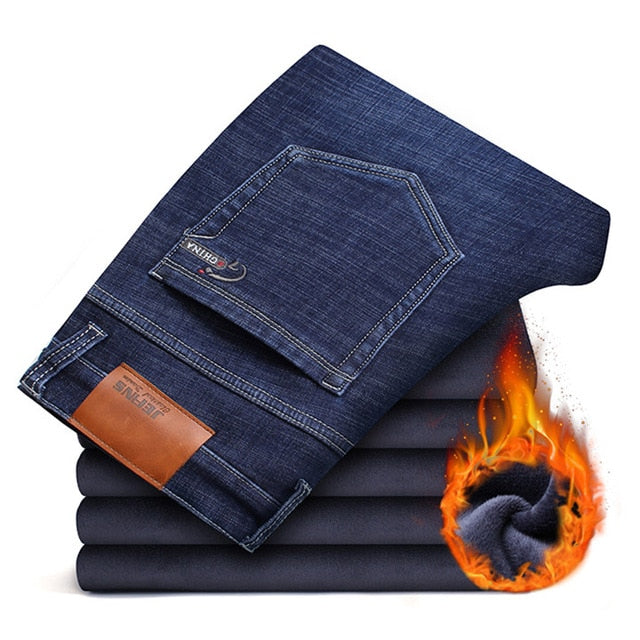 2018 Winter New Men's Warm Black Jeans Elasticity Slim Fit Thicken Denim Pants Brand Trousers Male Bule Big Size 38 40 42 44 46