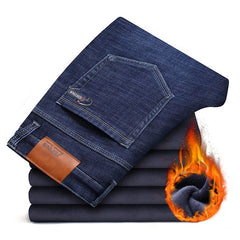 2018 Winter New Men's Warm Black Jeans Elasticity Slim Fit Thicken Denim Pants Brand Trousers Male Bule Big Size 38 40 42 44 46