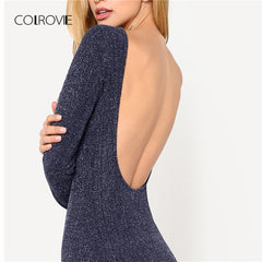 COLROVIE Navy Solid Backless Low Back Ribbed Glitter Sexy Dress Women 2018 Autumn Long Sleeve Party Dress Evening Mini Dresses