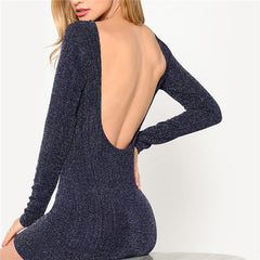 COLROVIE Navy Solid Backless Low Back Ribbed Glitter Sexy Dress Women 2018 Autumn Long Sleeve Party Dress Evening Mini Dresses