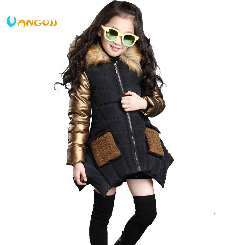 4-13 years old girls winter coat children's down jacket hooded Fur collar stitching kids Outerwear thick warm parkas fashion