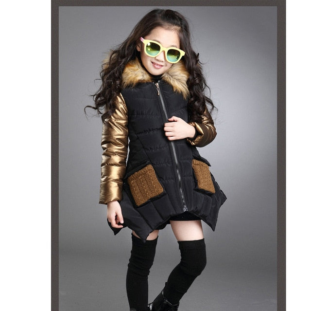 4-13 years old girls winter coat children's down jacket hooded Fur collar stitching kids Outerwear thick warm parkas fashion