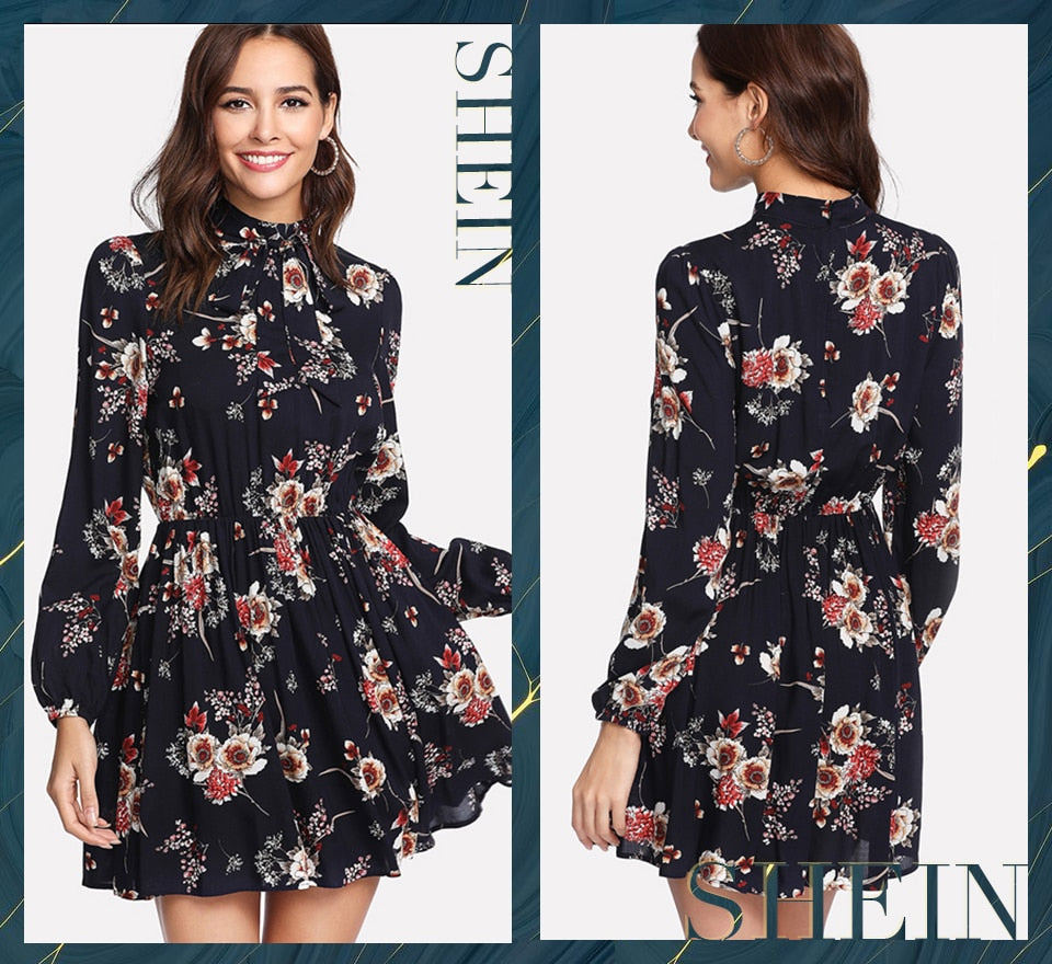 SHEIN Autumn Floral Women Dresses Multicolor Elegant Long Sleeve High Waist A Line Chic Dress Ladies Tie Neck Dress