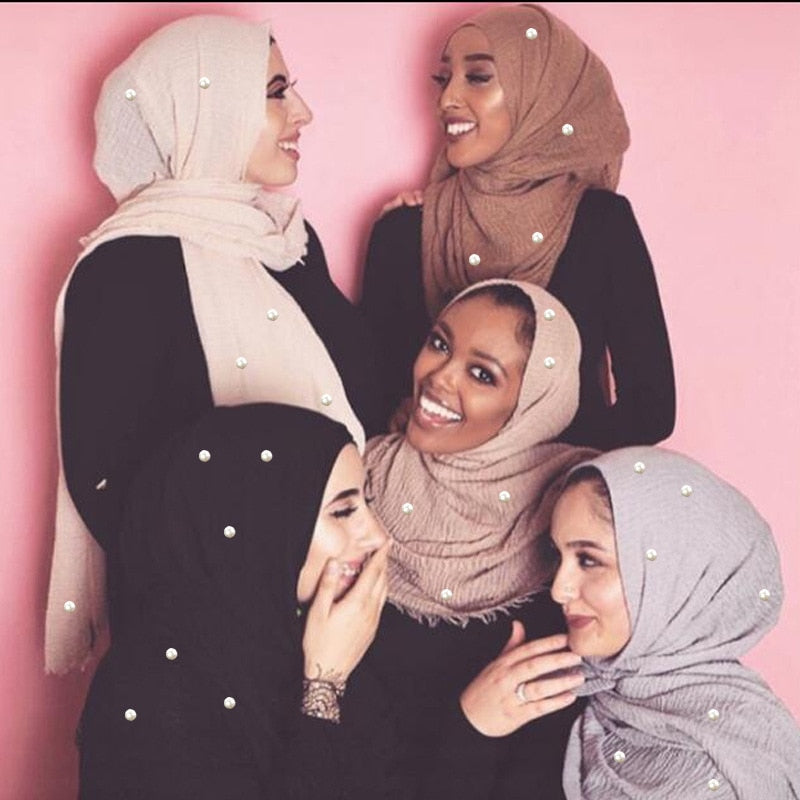 M MISM Hot Popular 190*100cm Cotton Bubble Beads Wrinkle Scarf Women Imitation Pearl hijab scarf Muslim Female Head Scarf sjaal