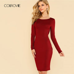 COLROVIE Red Backless Split Twist Sexy Dress Women Autumn Green Elegant  Long Sleeve Party Dress Bodycon Evening Mini Dresses