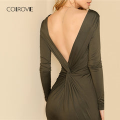 COLROVIE Red Backless Split Twist Sexy Dress Women Autumn Green Elegant  Long Sleeve Party Dress Bodycon Evening Mini Dresses