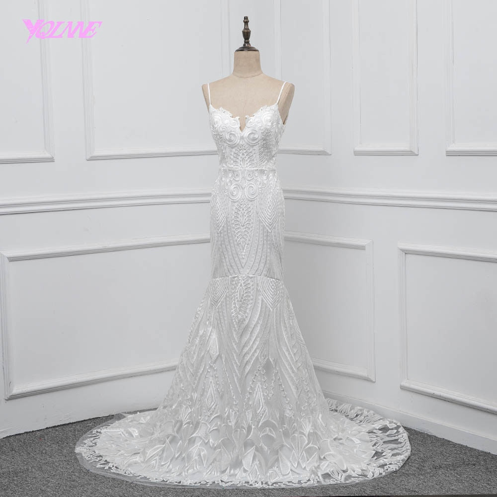 YQLNNE Lace Mermaid Wedding Dress 2019 Vestido De Noiva Spaghetti Backless Sweep Train Bridal Gown