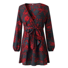 KANCOOLD Dress Women fashion Printing Ruffles Long Sleeve V Neck Sexy Dress Evening