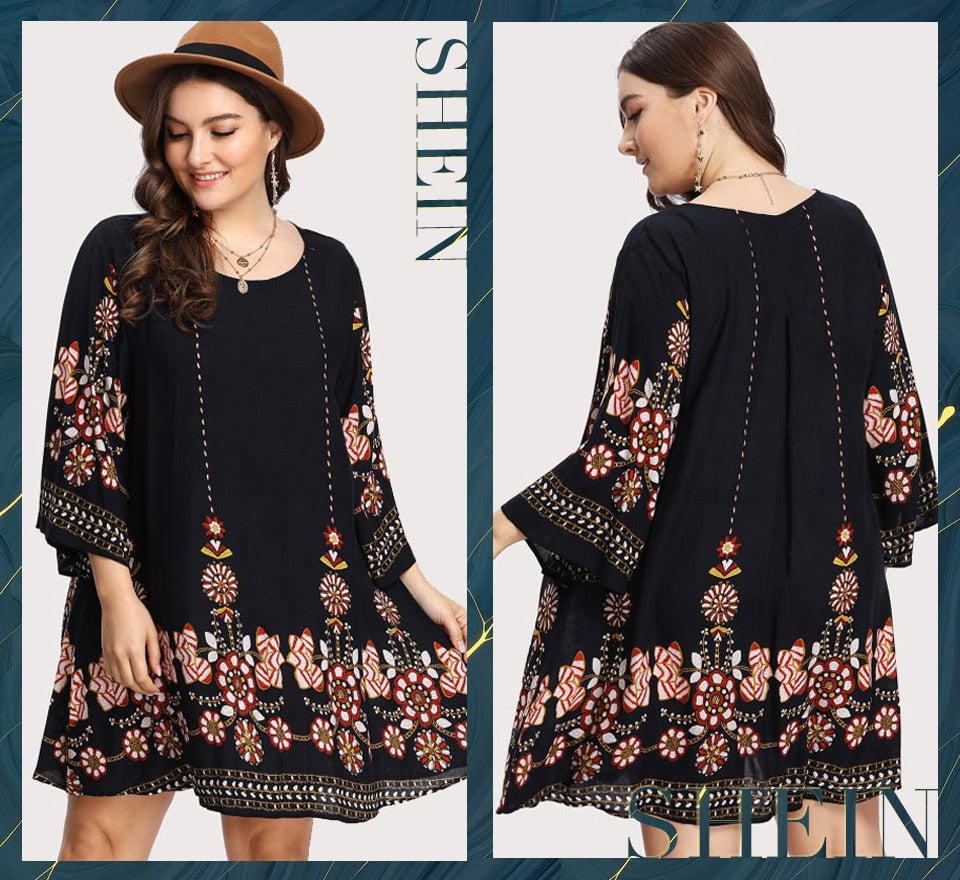 SHEIN Black Plus Size Floral Embroidery Tunic Dress Spring Summer Elegant Large Sizes Tribal Flower Print Vocation Dress
