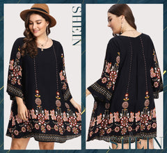 SHEIN Black Plus Size Floral Embroidery Tunic Dress Spring Summer Elegant Large Sizes Tribal Flower Print Vocation Dress