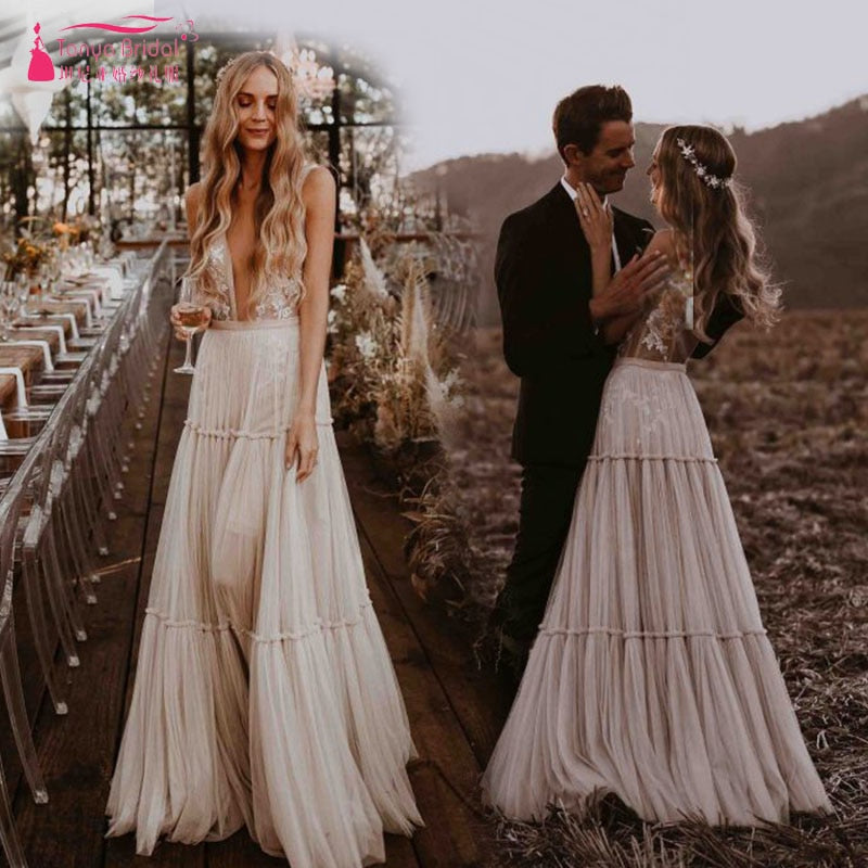 Nude Champagne Wedding Dresses 2019 Deep V-Neck Whimsical Boho Dreamy Bridal Gowns Sexy Beach Vestido De Noiva ZW111
