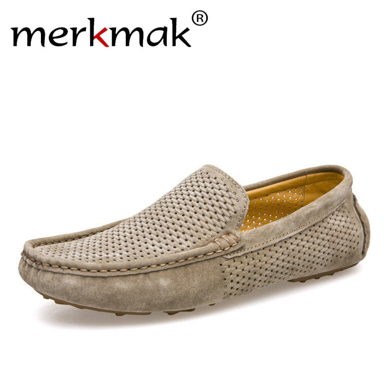 New Men Loafers Casual Summer Shoes Fashion Genuine Leather Slip On Driving Shoes Soft Moccasins Holes Comfort Light Mens Flats