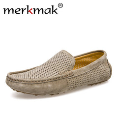 New Men Loafers Casual Summer Shoes Fashion Genuine Leather Slip On Driving Shoes Soft Moccasins Holes Comfort Light Mens Flats