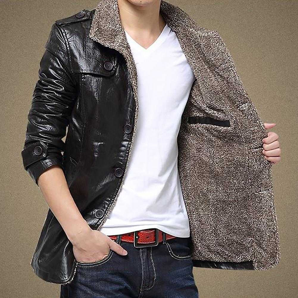 Men&#39;s Warm Winter Jacket Leather Coat Fur Parka Fleece Jacket Slim Coat