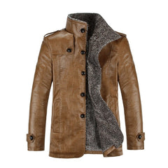 Men&#39;s Warm Winter Jacket Leather Coat Fur Parka Fleece Jacket Slim Coat
