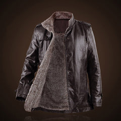 Men&#39;s Warm Winter Jacket Leather Coat Fur Parka Fleece Jacket Slim Coat