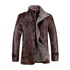 Men&#39;s Warm Winter Jacket Leather Coat Fur Parka Fleece Jacket Slim Coat