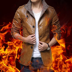 Men&#39;s Warm Winter Jacket Leather Coat Fur Parka Fleece Jacket Slim Coat
