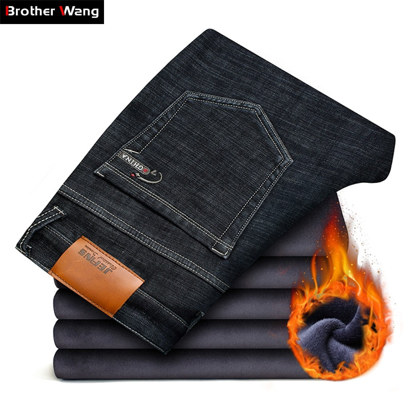 2018 Winter New Men's Warm Black Jeans Elasticity Slim Fit Thicken Denim Pants Brand Trousers Male Bule Big Size 38 40 42 44 46
