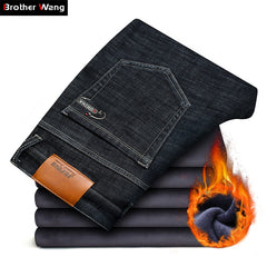 2018 Winter New Men's Warm Black Jeans Elasticity Slim Fit Thicken Denim Pants Brand Trousers Male Bule Big Size 38 40 42 44 46