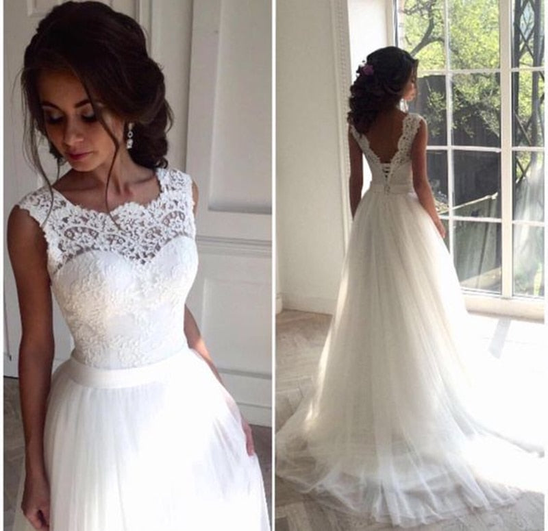 Solovedress A Line Lace Beach Wedding Dress 2019 Scoop Neck White Bridal Gown Tulle Skirt Chapel Train vestido de noiva SLD-228