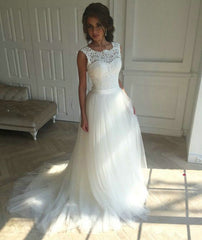 Solovedress A Line Lace Beach Wedding Dress 2019 Scoop Neck White Bridal Gown Tulle Skirt Chapel Train vestido de noiva SLD-228
