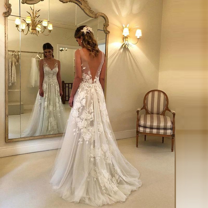 Sexy Wedding Dresses Long V Neck Party Gowns Back Deep V Appliques Vestido De Noiva Vestido De Novia Fotos Reales