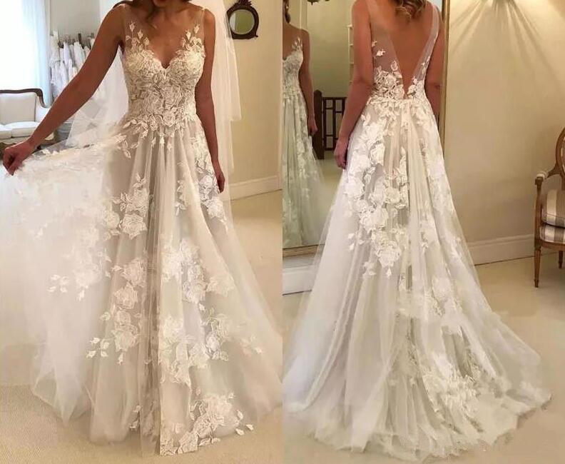 Sexy Wedding Dresses Long V Neck Party Gowns Back Deep V Appliques Vestido De Noiva Vestido De Novia Fotos Reales