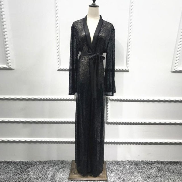 UAE Black Abaya Dubai Kaftan Sequined Cardigan Hijab Muslim Dress Jilbab Robe Musulmane Longue Women Turkish Islamic Clothing