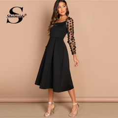 Sheinside Contrast Mesh Long Sleeve Appliques Pleated Dress Square Neck Party Dresses Women Evening Knee Length Lady Black Dress