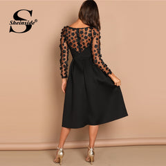Sheinside Contrast Mesh Long Sleeve Appliques Pleated Dress Square Neck Party Dresses Women Evening Knee Length Lady Black Dress