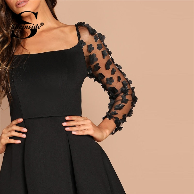 Sheinside Contrast Mesh Long Sleeve Appliques Pleated Dress Square Neck Party Dresses Women Evening Knee Length Lady Black Dress