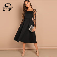 Sheinside Contrast Mesh Long Sleeve Appliques Pleated Dress Square Neck Party Dresses Women Evening Knee Length Lady Black Dress