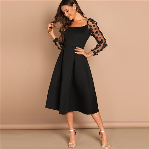 Sheinside Contrast Mesh Long Sleeve Appliques Pleated Dress Square Neck Party Dresses Women Evening Knee Length Lady Black Dress