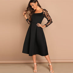 Sheinside Contrast Mesh Long Sleeve Appliques Pleated Dress Square Neck Party Dresses Women Evening Knee Length Lady Black Dress