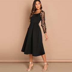 Sheinside Contrast Mesh Long Sleeve Appliques Pleated Dress Square Neck Party Dresses Women Evening Knee Length Lady Black Dress