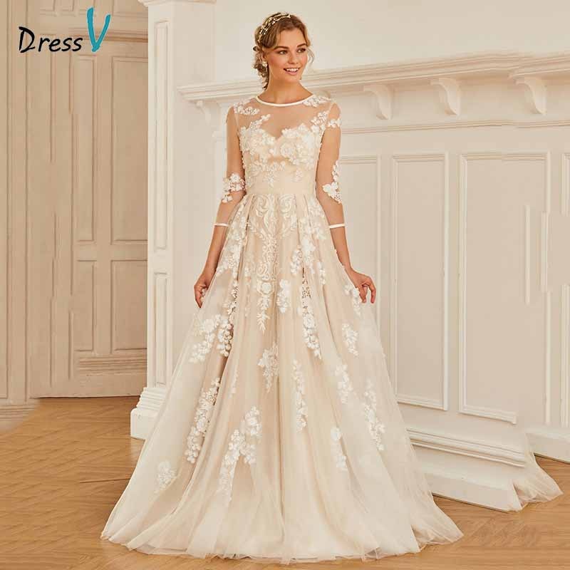 Dressv elegant scoop neck 3/4 sleeves lace wedding dress appliques button floor length bridal outdoor&church wedding dresses