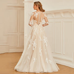 Dressv elegant scoop neck 3/4 sleeves lace wedding dress appliques button floor length bridal outdoor&church wedding dresses