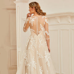 Dressv elegant scoop neck 3/4 sleeves lace wedding dress appliques button floor length bridal outdoor&church wedding dresses