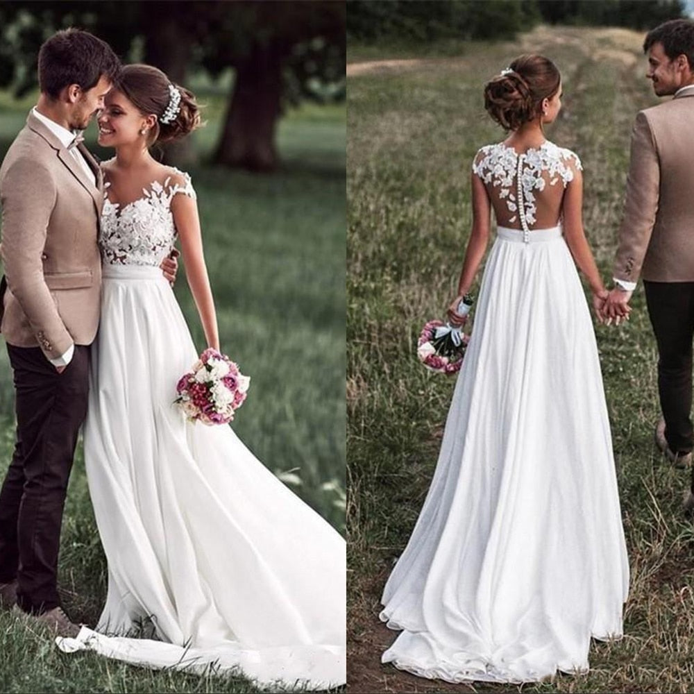 SoDigne Beach Lace Appliques Bride Dress 2019 New Cap-Sleeves Slit Side Buttons White/Lvory Wedding Dresses Custom made