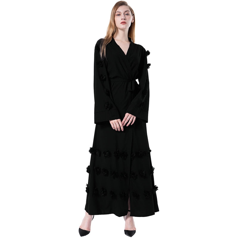 2018 New Women Muslim Maxi Dress Loose Robe Flowers Front Open Tied Arab Abaya Islamic Cardigan Women Waist Long Sleeve Dresses