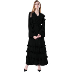 2018 New Women Muslim Maxi Dress Loose Robe Flowers Front Open Tied Arab Abaya Islamic Cardigan Women Waist Long Sleeve Dresses