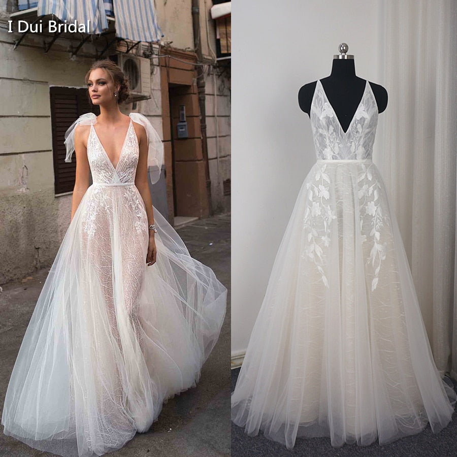 V Neck Beach Wedding Dress Real Price Lace Appliqued Illusion Bare Back Bridal Gown 2019 New