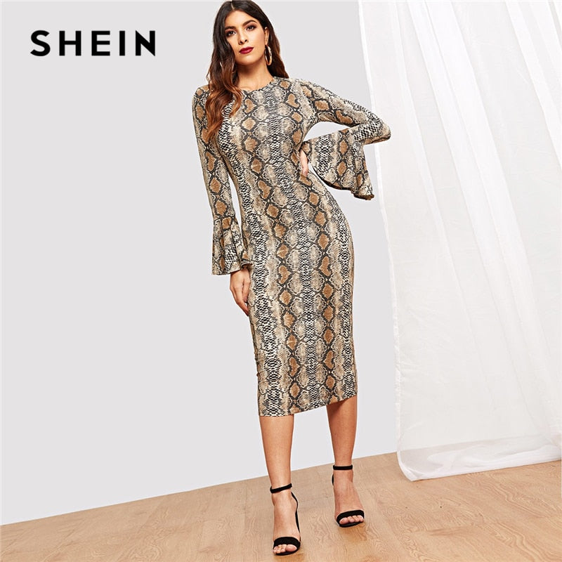 SHEIN Flounce Sleeve Snake Skin Bell Sleeve Multicolor Round Neck Long Sleeve Fit and Flare Dress Women Casual Modern Lady Dress
