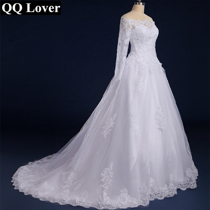 QQ Lover 2019 Boat Neck Long Sleeves Lace Wedding Dress Plus Size Custom-Made Vestido De Noiva 2019
